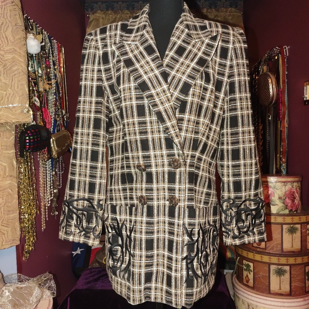 Privata Vintage Embroidered Plaid Wool Blend Blazer 10